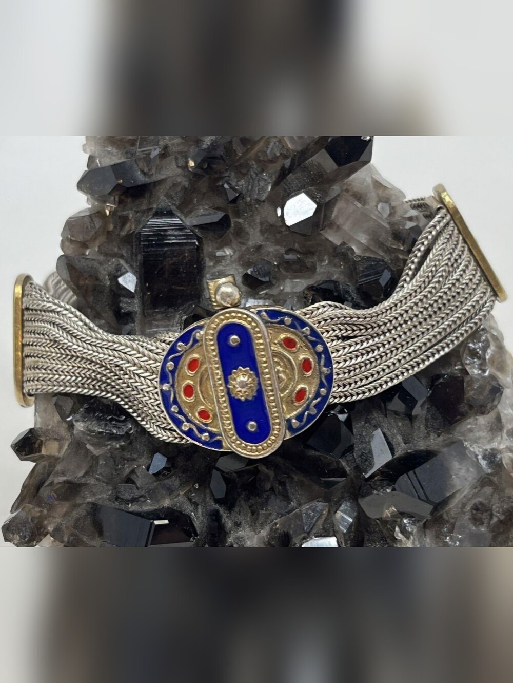 🪞Vintage Turkish 925 Sterling Silver Multi-Strand Foxtail Chain Enamel Bracelet